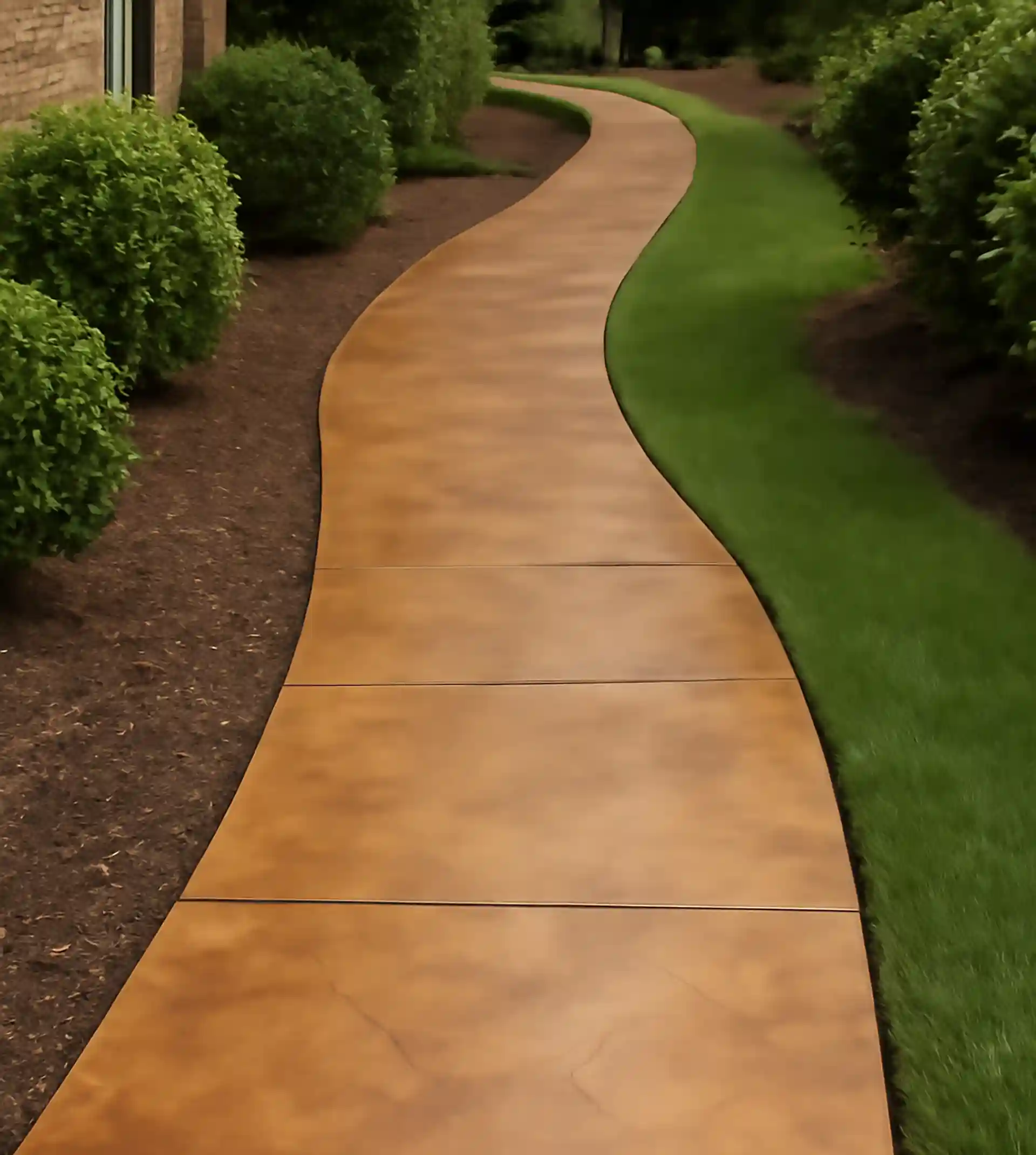 A winding stained concrete walkway with a smooth finish and natural earth tones, surrounded by green grass and plants. 